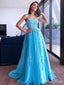 Elegant Light Blue A-Line Spaghetti Straps Applique Lace Maxi Long Party Prom Dresses,Evening Gowns,FM108