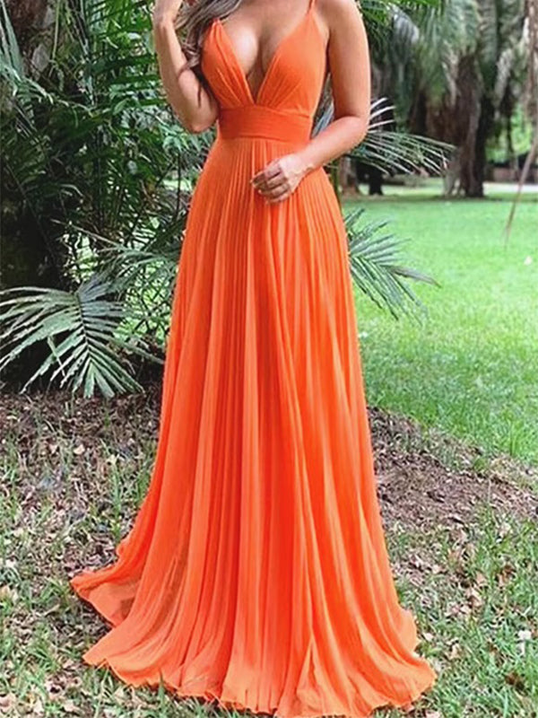 Elegant Orange V-Neck Spaghetti Strap A-Line Popular Maxi Long Party Prom Dresses, FM601