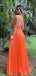 Elegant Orange V-Neck Spaghetti Strap A-Line Popular Maxi Long Party Prom Dresses, FM601