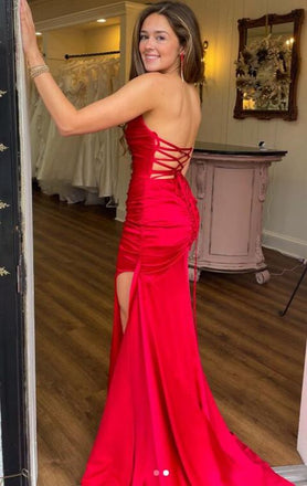 Sexy Red Mermaid Strapless Side Slit Sleeveless Lace Up Maxi Long Party Prom Dresses,Evening Gowns,FM109