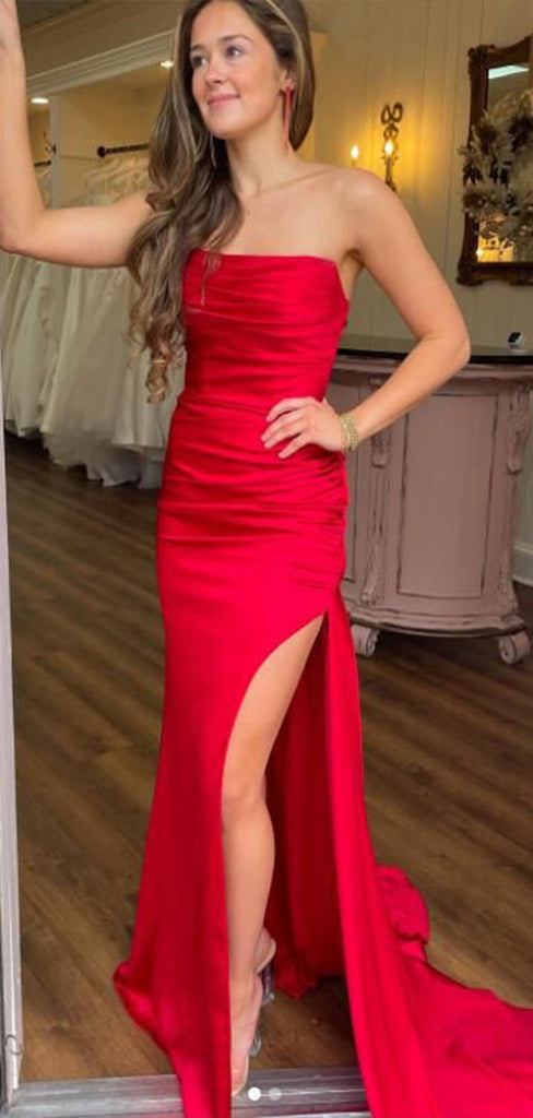 Sexy Red Mermaid Strapless Side Slit Sleeveless Lace Up Maxi Long Party Prom Dresses,Evening Gowns,FM109