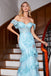 Elegant Blue Mermaid Side Slit Sweetheart Off Shoulder Applique Ruffle Maxi Long Party Prom Dresses,Evening Gowns,FM11