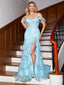 Elegant Blue Mermaid Side Slit Sweetheart Off Shoulder Applique Ruffle Maxi Long Party Prom Dresses,Evening Gowns,FM11