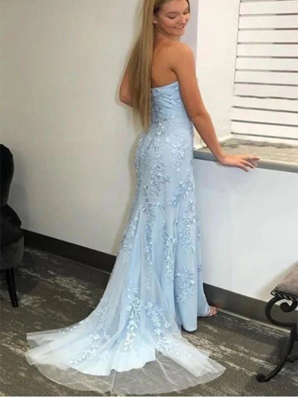 Elegant Baby Blue Strapless Mermaid Side Slit Popular Maxi Long Party Prom Dresses, FM605