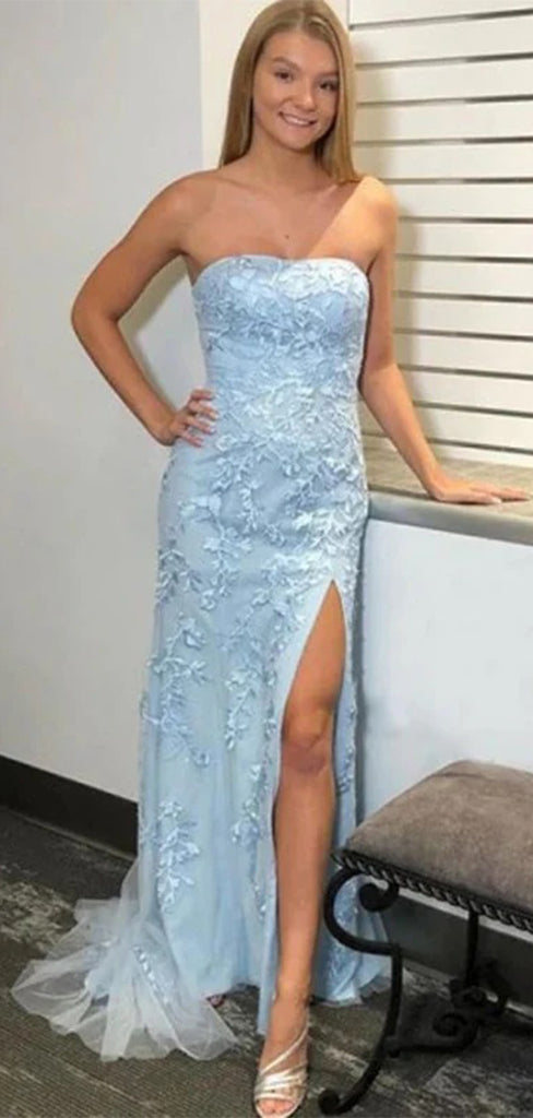 Elegant Baby Blue Strapless Mermaid Side Slit Popular Maxi Long Party Prom Dresses, FM605