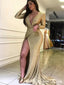 Sexy Golden V-Neck Mermaid Long Sleeve Side Slit Popular Maxi Long Party Prom Dresses, FM610