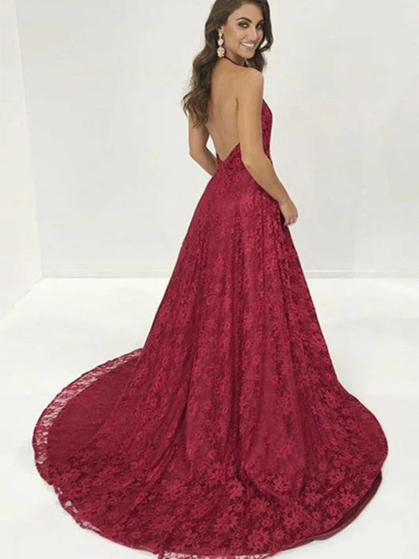 Elegant Red V-Neck Halter Strap A-Line Side Slit Popular Maxi Long Party Prom Dresses, FM602