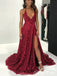 Elegant Red V-Neck Halter Strap A-Line Side Slit Popular Maxi Long Party Prom Dresses, FM602