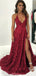 Elegant Red V-Neck Halter Strap A-Line Side Slit Popular Maxi Long Party Prom Dresses, FM602