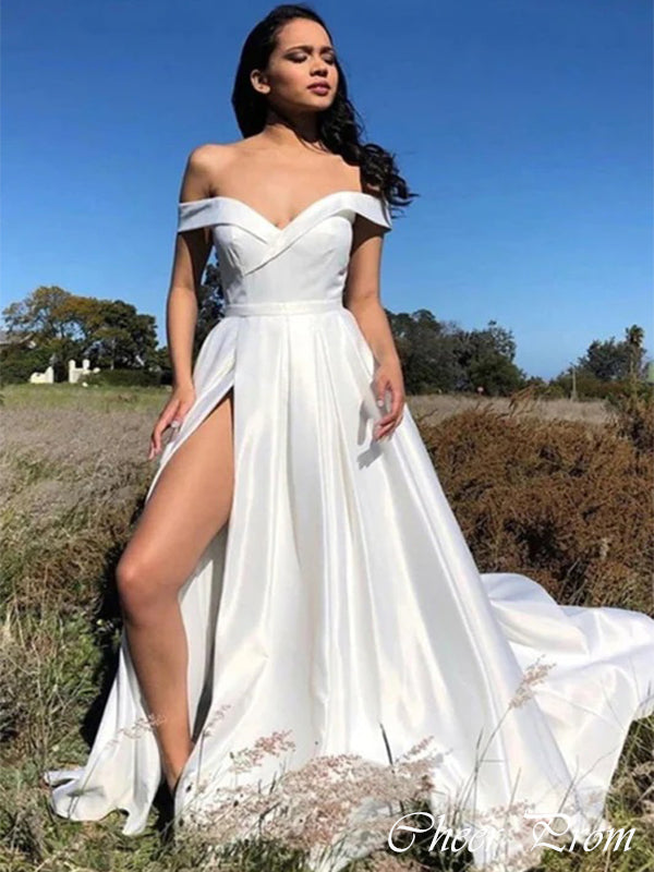 Elegant White Off Shoulder&nbsp;A-Line Side Slit&nbsp;Popular Maxi Long Party Prom Dresses, FM613