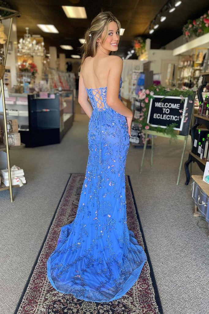 Gorgeous Mermaid Strapless Side Slit Applique Sequin Maxi Long Party Prom Dresses,Evening Gowns,FM112