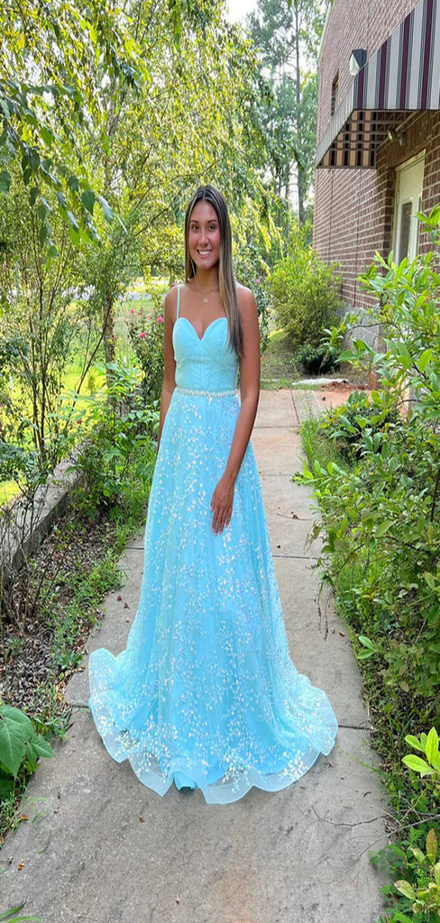 Elegant Blue A-Line Spaghetti Straps Lace Maxi Long Party Prom Dresses,Evening Gowns,FM114