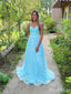 Elegant Blue A-Line Spaghetti Straps Lace Maxi Long Party Prom Dresses,Evening Gowns,FM114