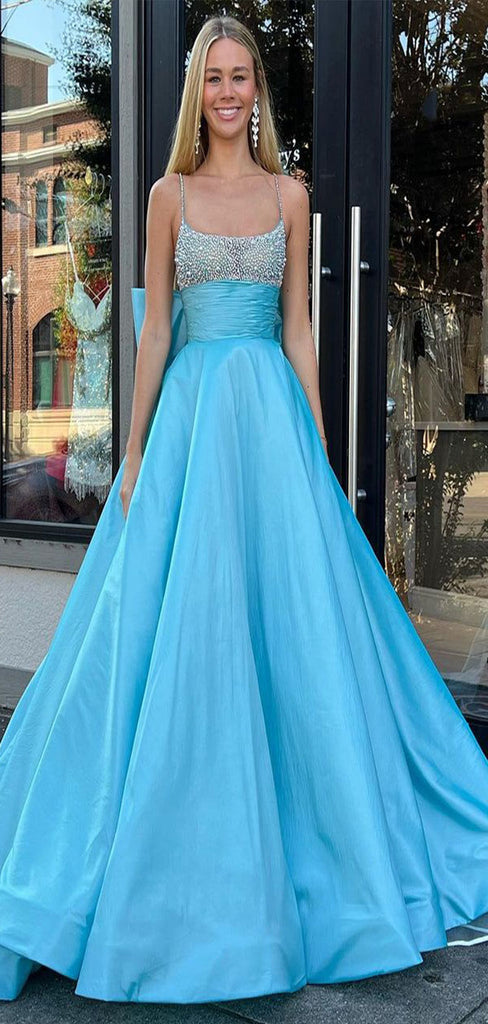 Elegant Blue A-Line Spaghetti Straps Beading Maxi Long Party Prom Dresses,Evening Gowns,FM115