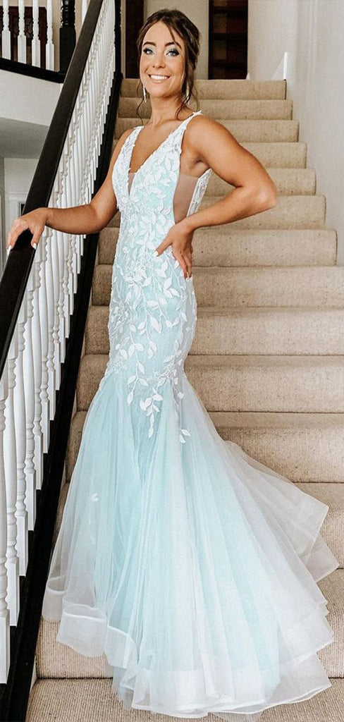 Charming Mermaid Spaghetti Straps V Neck Applique Maxi Long Party Prom Dresses,Evening Gowns,FM117