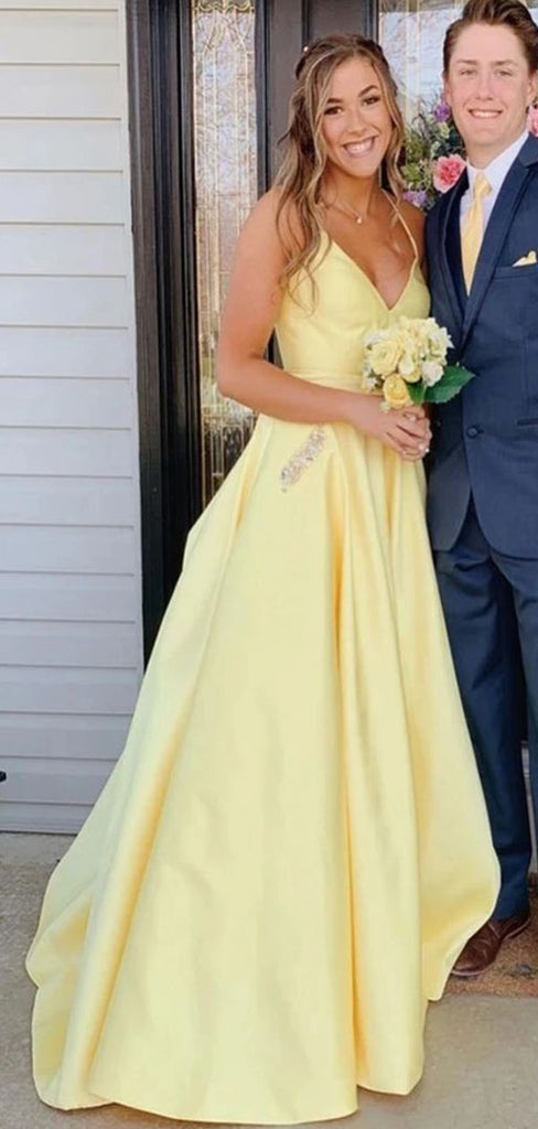 Elegant Yellow A-Line Spaghetti Straps V Neck Maxi Long Party Prom Dresses,Evening Gowns,FM118