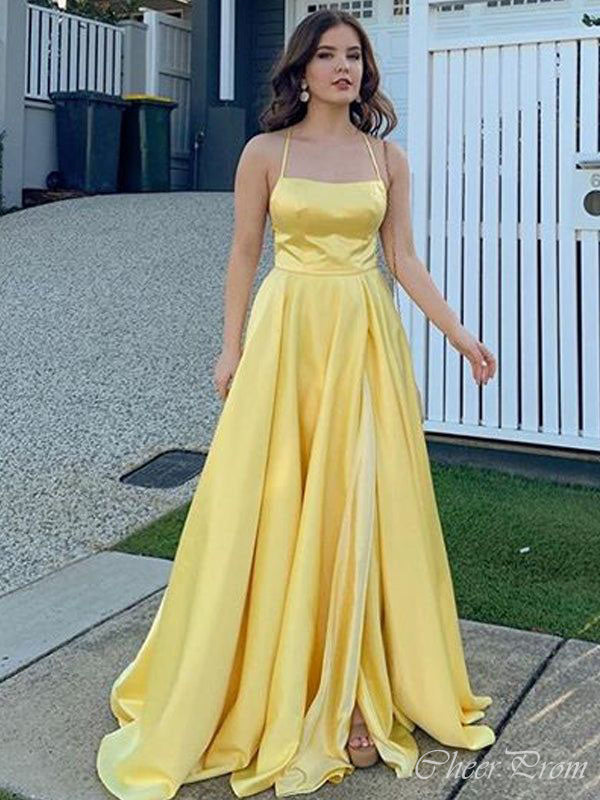 Elegant Yellow A-Line Halter Side Slit Maxi Long Party Prom Dresses,Evening Gowns,FM119