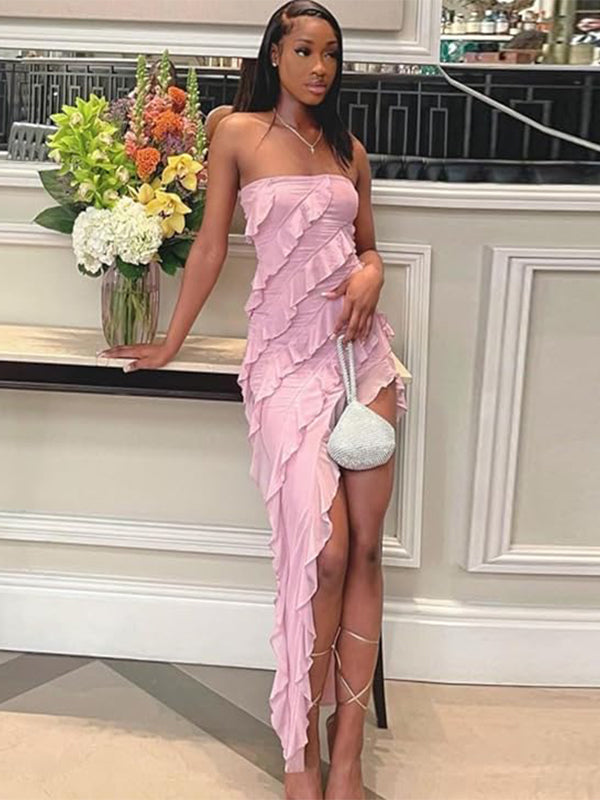 Sexy Pink Strapless Mermaid Side Slit Ruffle Popular Maxi Long Party Prom Dresses, FM607