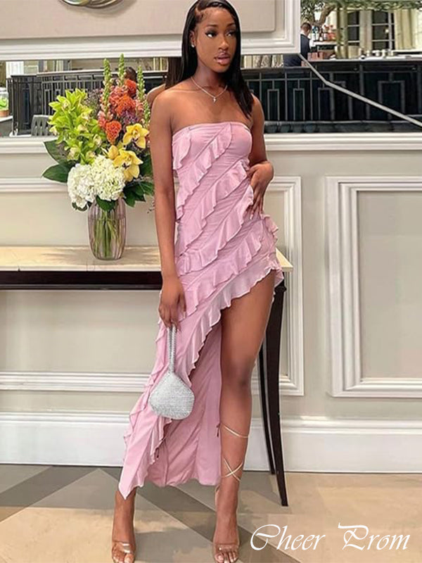 Sexy Pink Strapless Mermaid Side Slit Ruffle Popular Maxi Long Party Prom Dresses, FM607