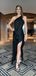 Sexy Black One Shoulder Mermaid Side Slit Satin&nbsp;Popular Maxi Long Party Prom Dresses, FM608