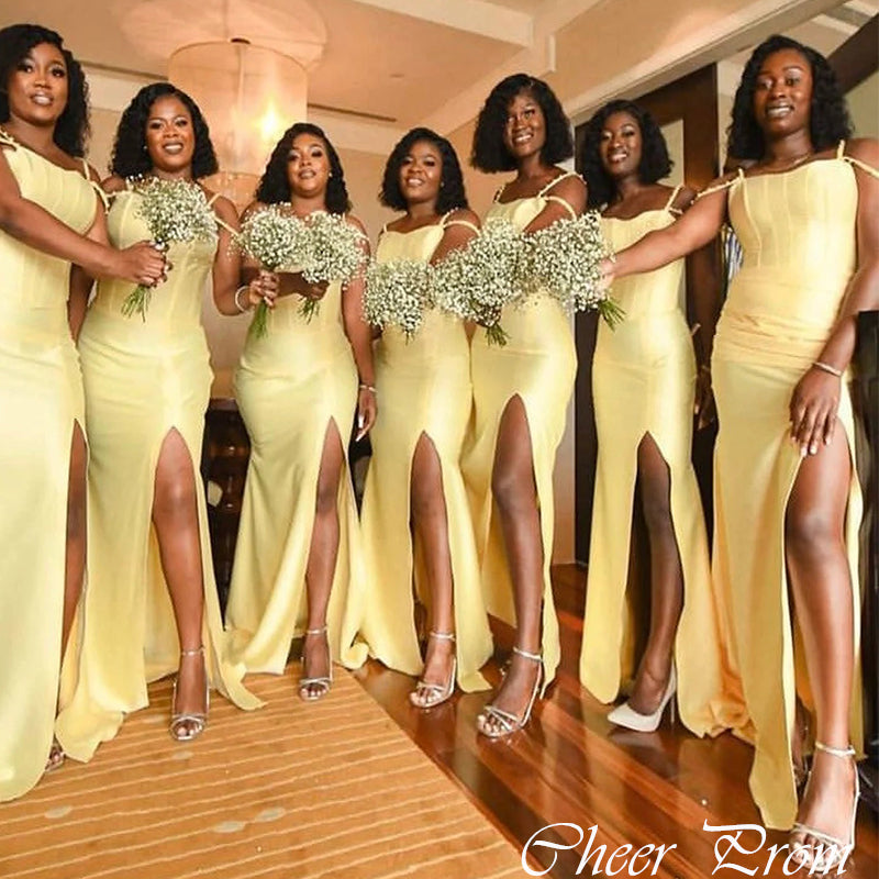 Elegant Yellow Spaghetti Strap Mermaid Side Slit Satin Dresses for Maid of Honor, Bridesmaid Dresses, CP399