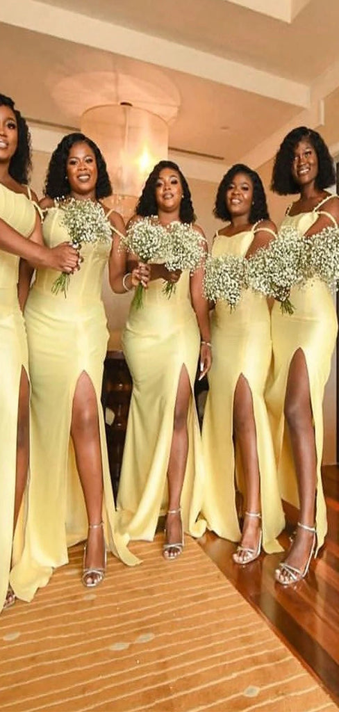 Elegant Yellow Spaghetti Strap Mermaid Side Slit Satin Dresses for Maid of Honor, Bridesmaid Dresses, CP399