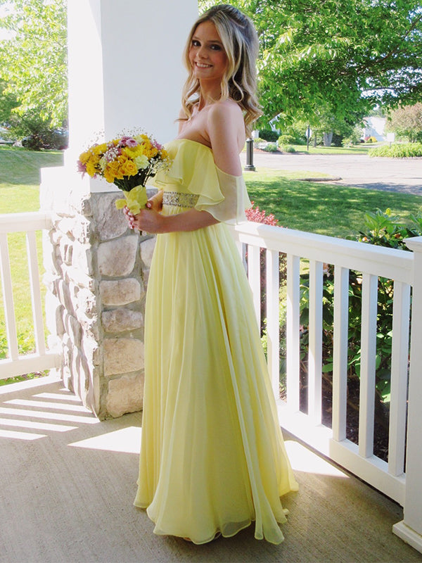 Elegant Yellow Off Shoulder A-Line Side Slit&nbsp;Popular Maxi Long Party Prom Dresses, FM611