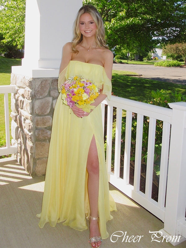 Elegant Yellow Off Shoulder A-Line Side Slit&nbsp;Popular Maxi Long Party Prom Dresses, FM611