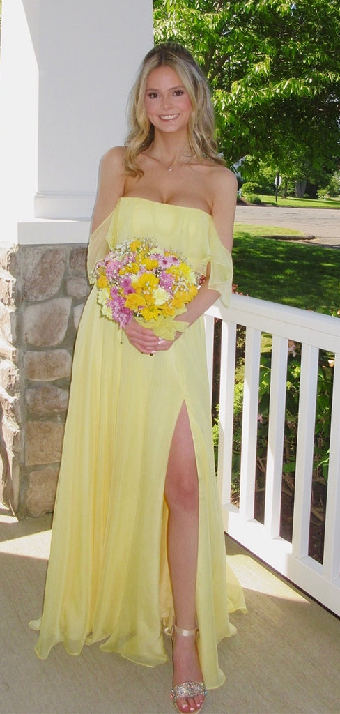 Elegant Yellow Off Shoulder A-Line Side Slit&nbsp;Popular Maxi Long Party Prom Dresses, FM611