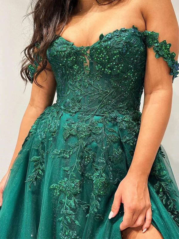 Elegant Green Off Shoulder A-Line Side Slit Lace&nbsp;Popular Maxi Long Party Prom Dresses, FM614