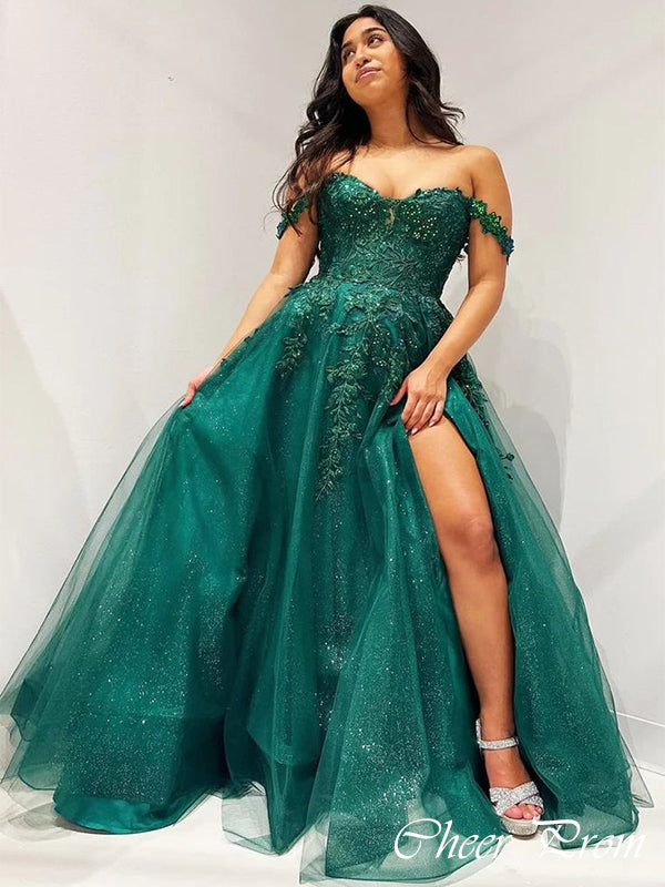 Elegant Green Off Shoulder A-Line Side Slit Lace&nbsp;Popular Maxi Long Party Prom Dresses, FM614