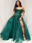 Elegant Green Off Shoulder A-Line Side Slit Lace Popular Maxi Long Party Prom Dresses, FM614