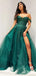 Elegant Green Off Shoulder A-Line Side Slit Lace&nbsp;Popular Maxi Long Party Prom Dresses, FM614