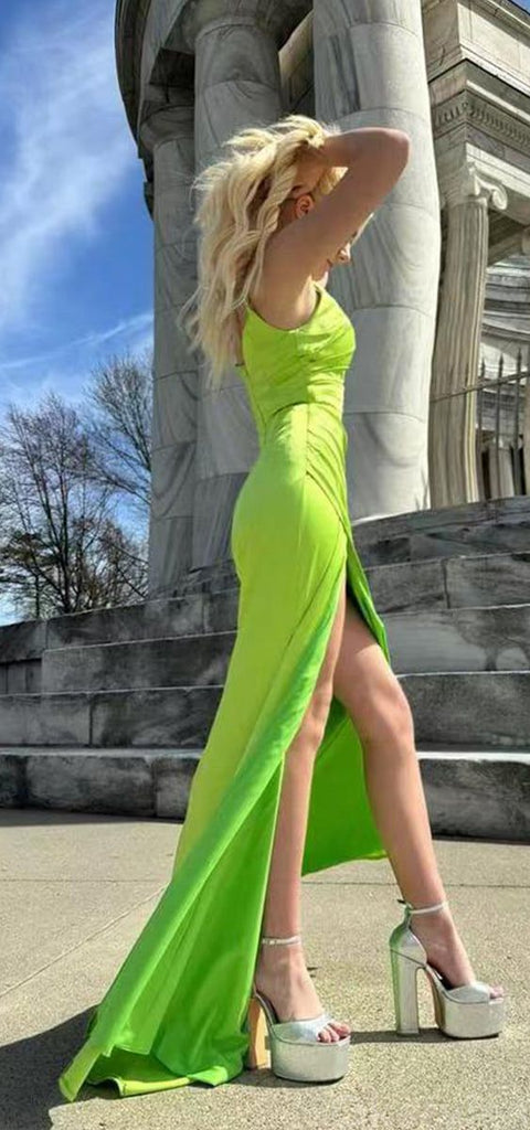 Elegant Light Green Mermaid Spaghetti Straps Side Slit Maxi Long Party Prom Dresses,Evening Gowns,FM121