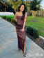 Vintage Brown Strapless Mermaid Side Slit Sleeveless Popular Maxi Long Party Prom Dresses, FM622