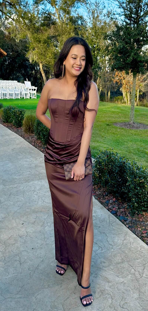 Vintage Brown Strapless Mermaid Side Slit Sleeveless Popular Maxi Long Party Prom Dresses, FM622