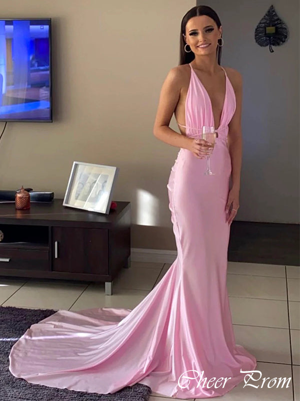 Elegant Pink V-Neck Halter Strap Mermaid Sleeveless&nbsp;Popular Maxi Long Party Prom Dresses, FM618