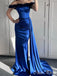 Vintage Blue Off Shoulder Mermaid Detachable Train Sleeveless Popular Maxi Long Party Prom Dresses, FM623