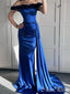 Vintage Blue Off Shoulder Mermaid Detachable Train Sleeveless Popular Maxi Long Party Prom Dresses, FM623