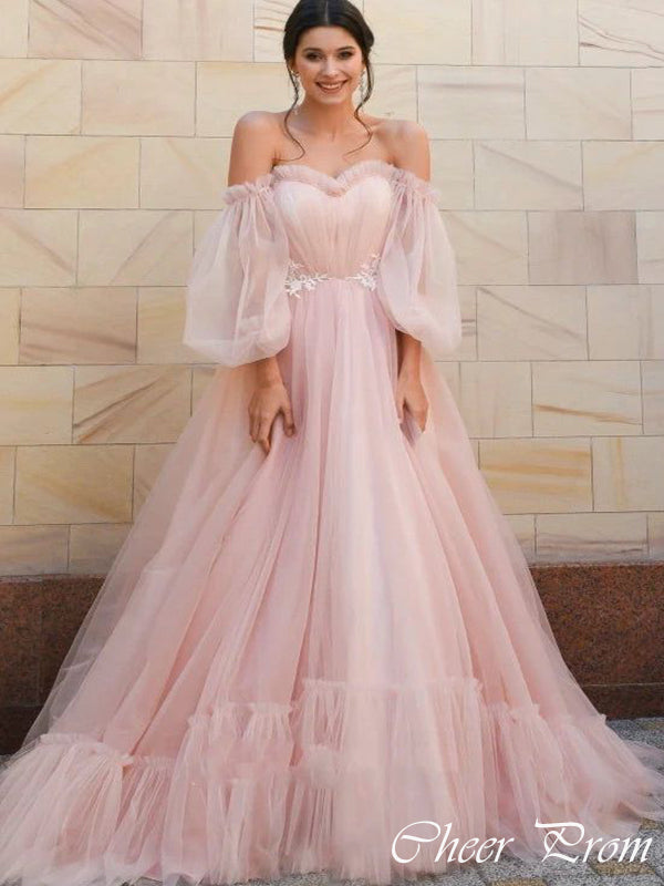 Cute Pink Sweetheart Off Shoulder A-Line Long Sleeve Popular Maxi Long Party Prom Dresses, FM627