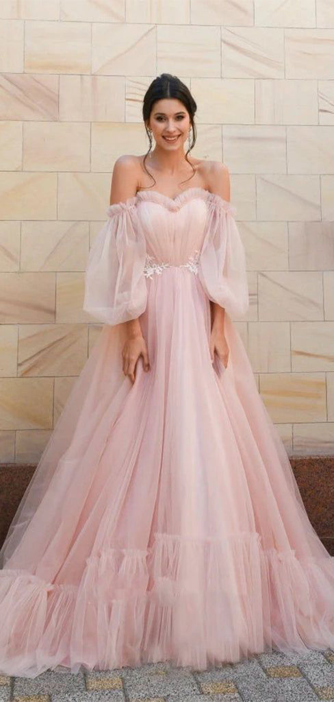 Cute Pink Sweetheart Off Shoulder A-Line Long Sleeve Popular Maxi Long Party Prom Dresses, FM627