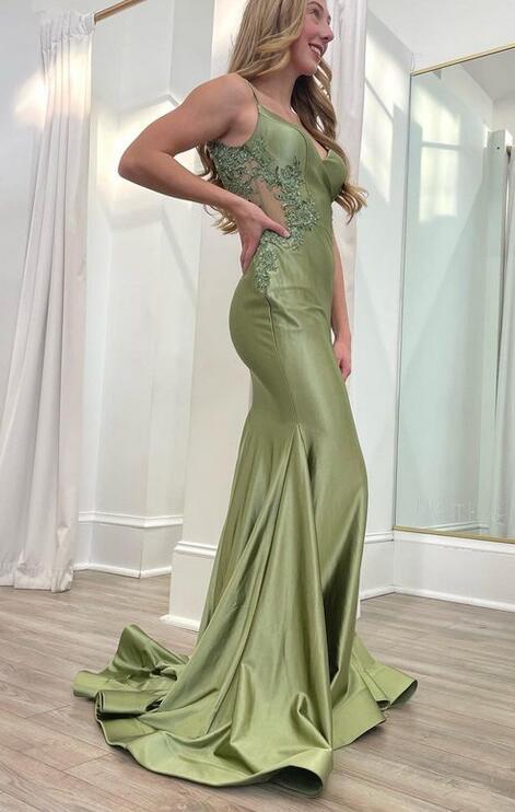 Elegant Green Mermaid Spaghetti Straps Applique Maxi Long Party Prom Dresses,Evening Gowns,FM123