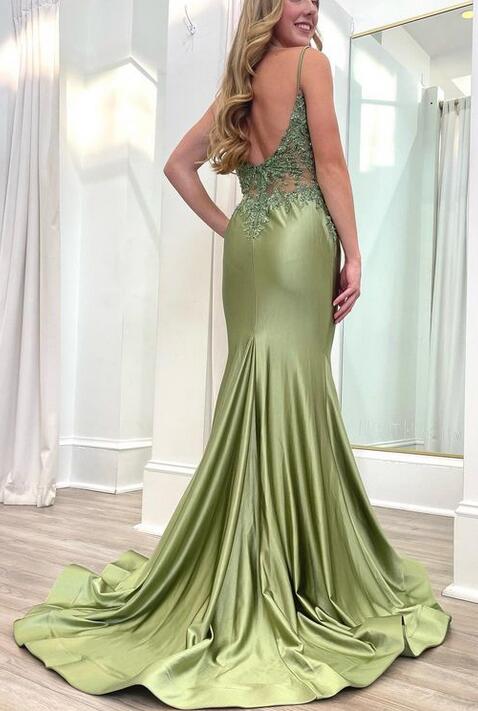 Elegant Green Mermaid Spaghetti Straps Applique Maxi Long Party Prom Dresses,Evening Gowns,FM123