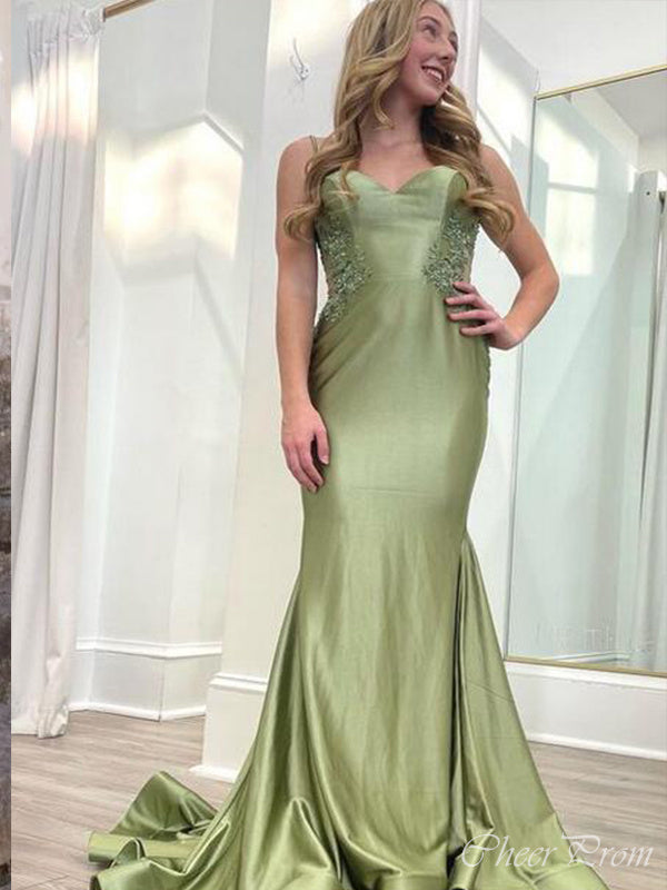 Elegant Green Mermaid Spaghetti Straps Applique Maxi Long Party Prom Dresses,Evening Gowns,FM123