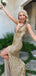 Elegant Golden Mermaid V-Neck Side Slit Popular Maxi Long Evening Gowns, Formal, Birthday Party, FM423