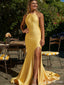 Elegant Gold Mermaid Halter Side Slit Backless Maxi Long Party Prom Dresses,Evening Gowns,FM124