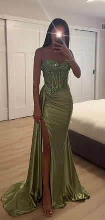 Sexy Green Spaghetti Strap Sleeveless Mermaid Side Slit Long Prom Dress Ideas, Evening Party Dresses, FM639