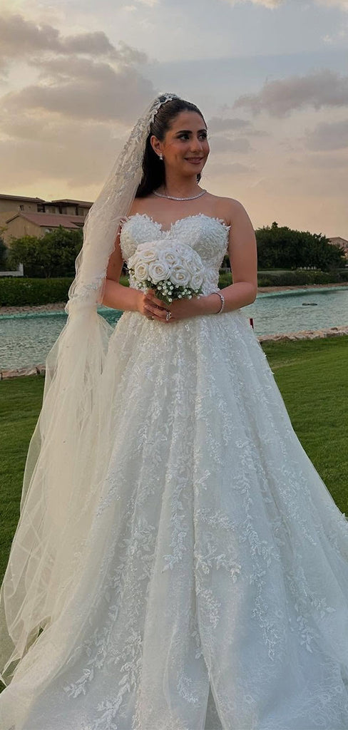Elegant White Sweetheart Sleeveless A-Line Long Wedding Dresses With Sweep Trailing,CPD198