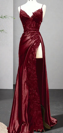 Gorgeous Red Spaghetti Strap Mermaid Side Slit Long Prom Dress Ideas, Evening Party Dresses , FM645