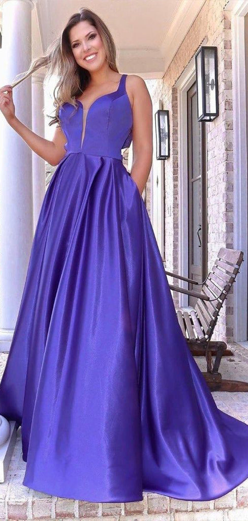 Elegant Purple A-Line Spaghetti Straps V Neck Maxi Long Party Prom Dresses,Evening Gowns,FM127